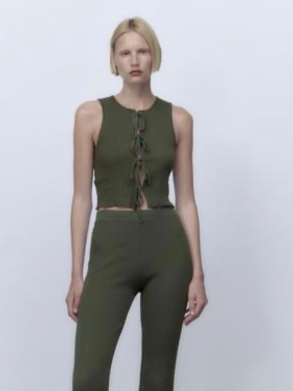 Zara Sleeveless Ribbed Tie Front Knit Top Shirt Dark Green Womens Size Small - Picture 3 of 6